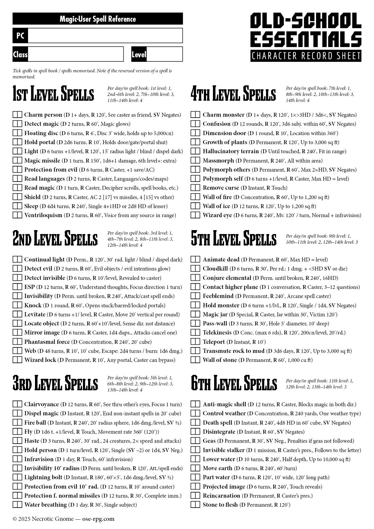 Old-School Essentials Spell Tracker