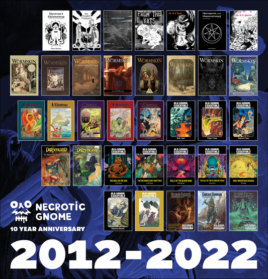 Necrotic Gnome's 10 Year Anniversary, a free PDF Necromancer character class, an interview with Gavin Norman, third-party products and Kickstarters, and more!