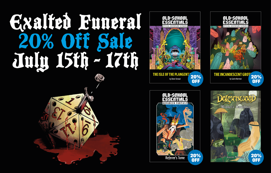Exalted Funeral 20% Off Sale, Old-School Essentials on Foundry VTT, recent third-party products and Kickstarters, and more!