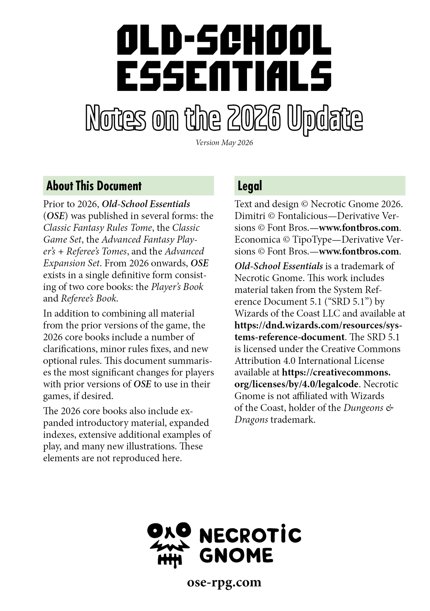 Old-School Essentials Notes on the 2026 Update