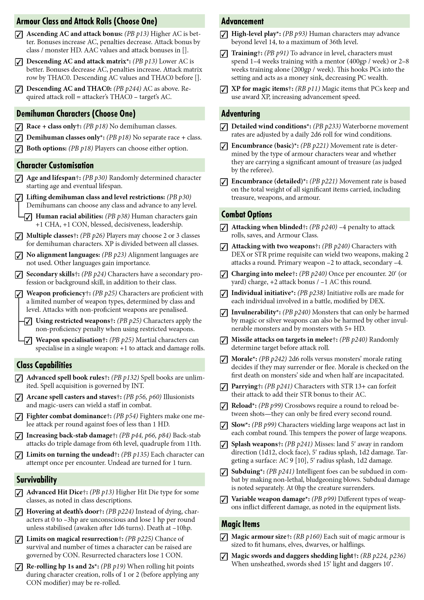 Old-School Essentials Rules Options Checklist